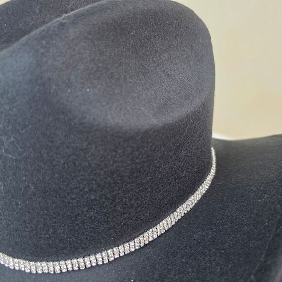☔️🩵Black & Rhinestone Band Wide Brim Cowgirl Hat Medium - Picture 10 of 15